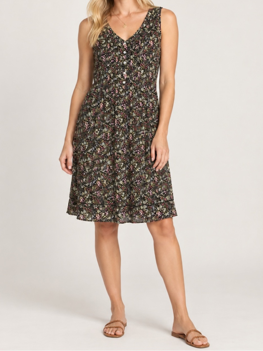 J. Jill Garden Dity Floral Print Sleeveless A-Line Dress Boho Black Small